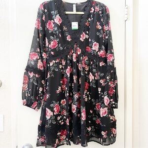 American Rag Black Floral Long Sleeves V-Neck Mini Dress Size L